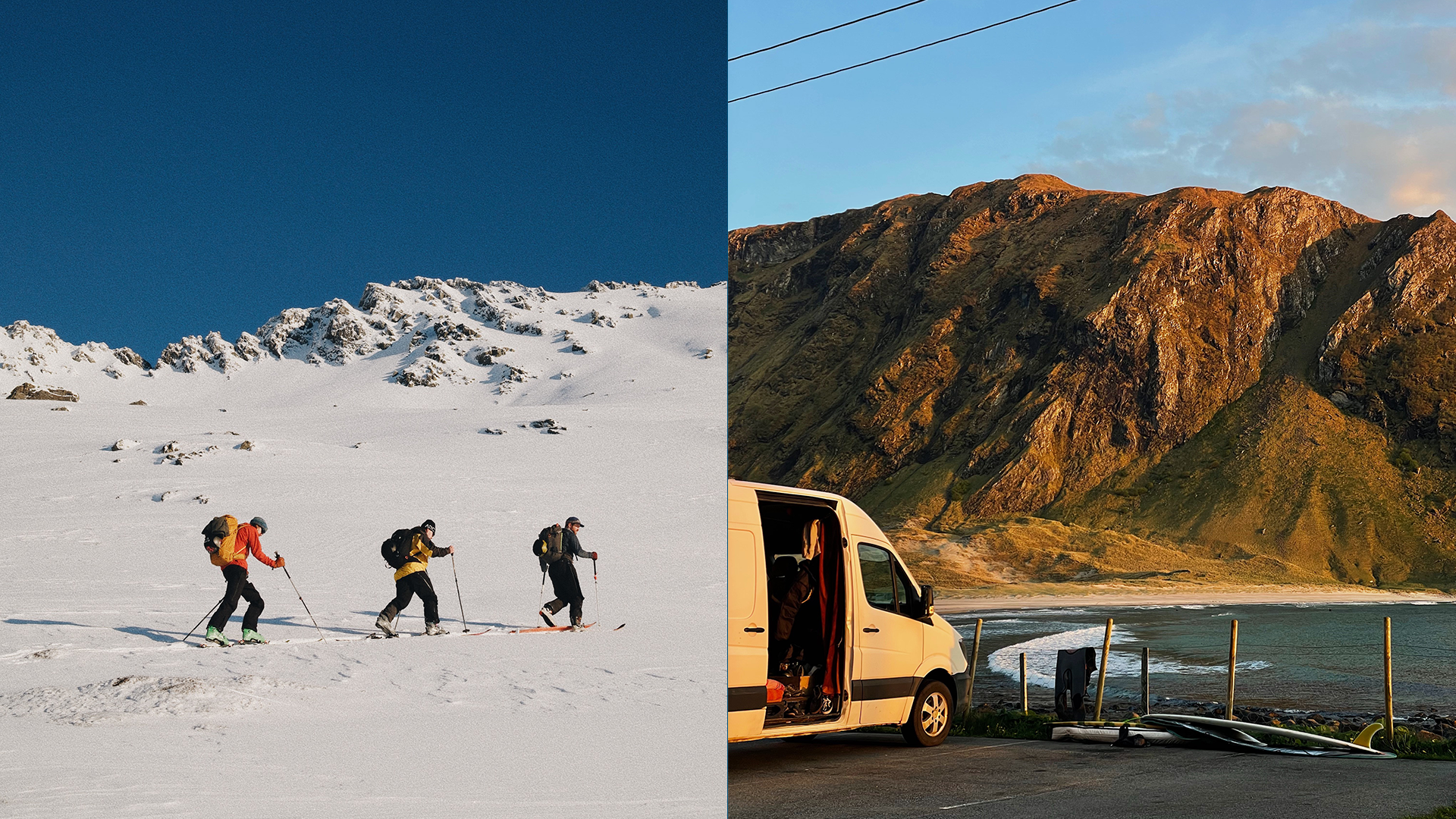 Et bilde sammensatt av to. Det til venstre er av tre venner som går på ski. Det til høyre er av en campervan i Hoddevik.