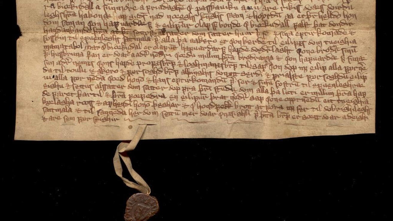 Diplom datert 1367, 23. april. Bjørkedal (Volda, Møre og Romsdal). Foto: Universitetsbiblioteket i Bergen.