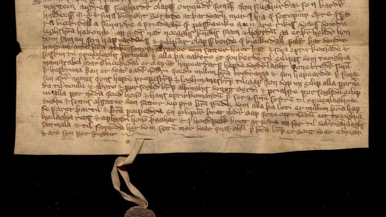 Diplom datert 23. april 1367. Bjørkedal (Volda, Møre og Romsdal). Foto: Universitetsbiblioteket i Bergen.