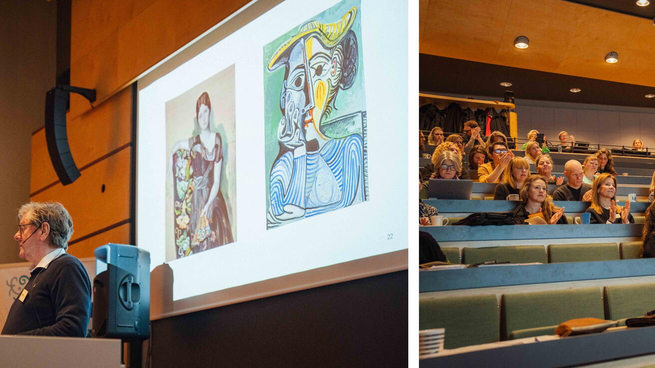 Mann som held innlegg på konferanse og folk som høyrer på