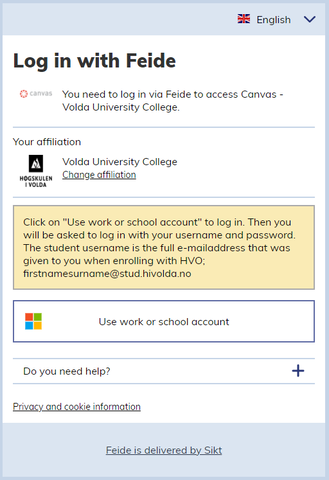 Feide innloggingsdialog EN