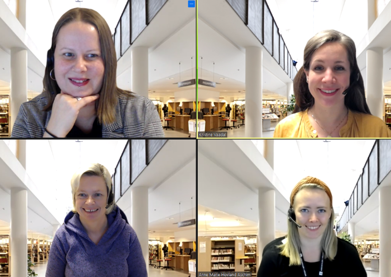 Dei tilsette på biblioteket har kjeldesorteringsstasjon på Zoom.